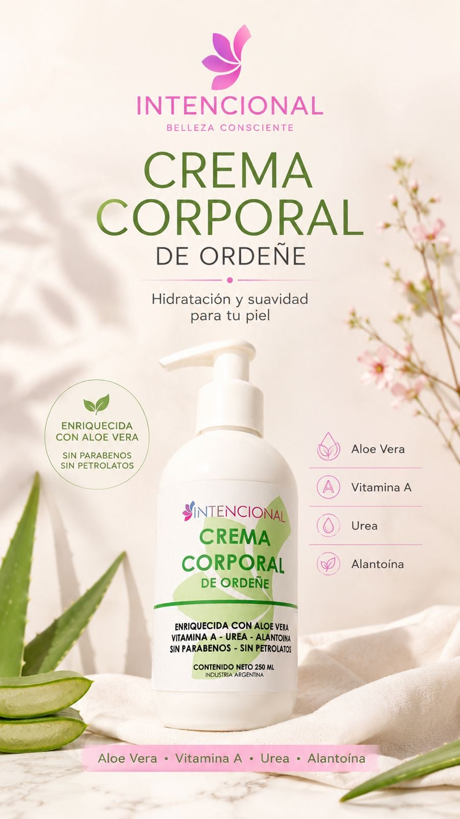 Crema corporal de ordeñe con aloe vera, vitamina A, urea y alantoína