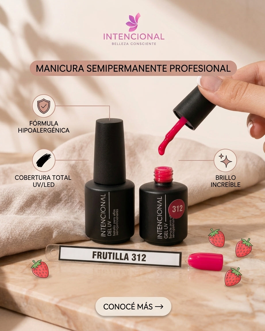 Esmalte semipermanente Frutilla 312: fórmula hipoalergénica, cobertura total UV y LED, brillo duradero