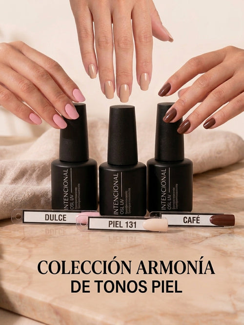 Colección Armonía de tonos piel: esmaltes semipermanentes Dulce, Piel 131 y Café