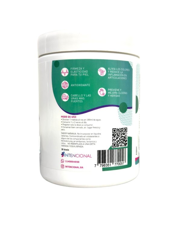 Modo de uso y beneficios en el dorso del envase de colágeno Intencional