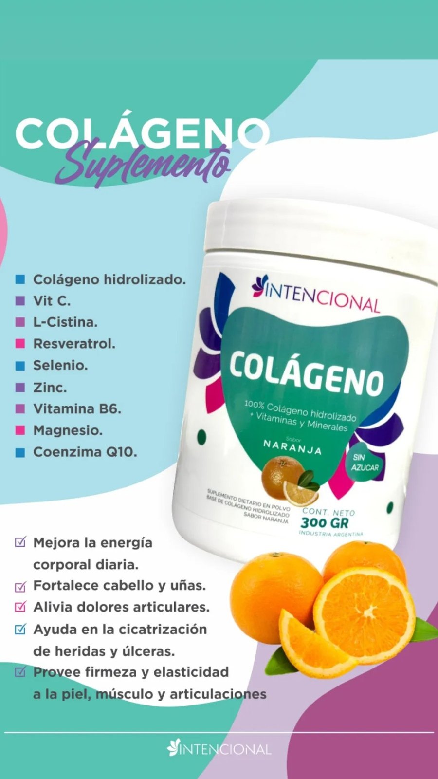 Composición del colágeno Intencional: vitamina C, zinc, magnesio y coenzima Q10