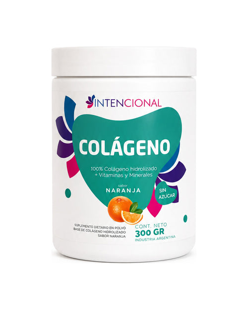 Colágeno hidrolizado Intencional sabor naranja 300 g, sobre fondo blanco