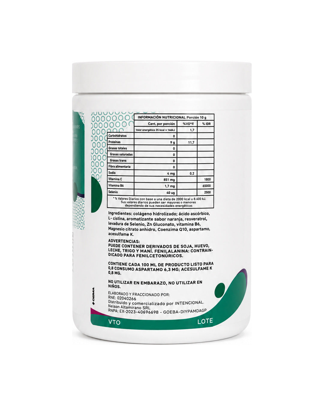 Dorso del colágeno hidrolizado Intencional con la información nutricional y los ingredientes