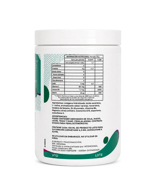 Dorso del colágeno hidrolizado Intencional con la información nutricional y los ingredientes