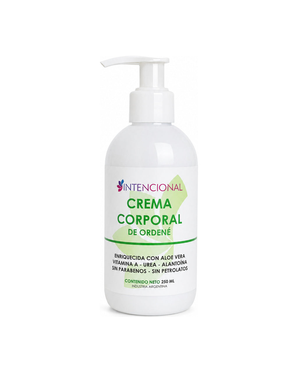 Crema corporal de ordeñe Intencional 250 ml con dosificador, sobre fondo blanco