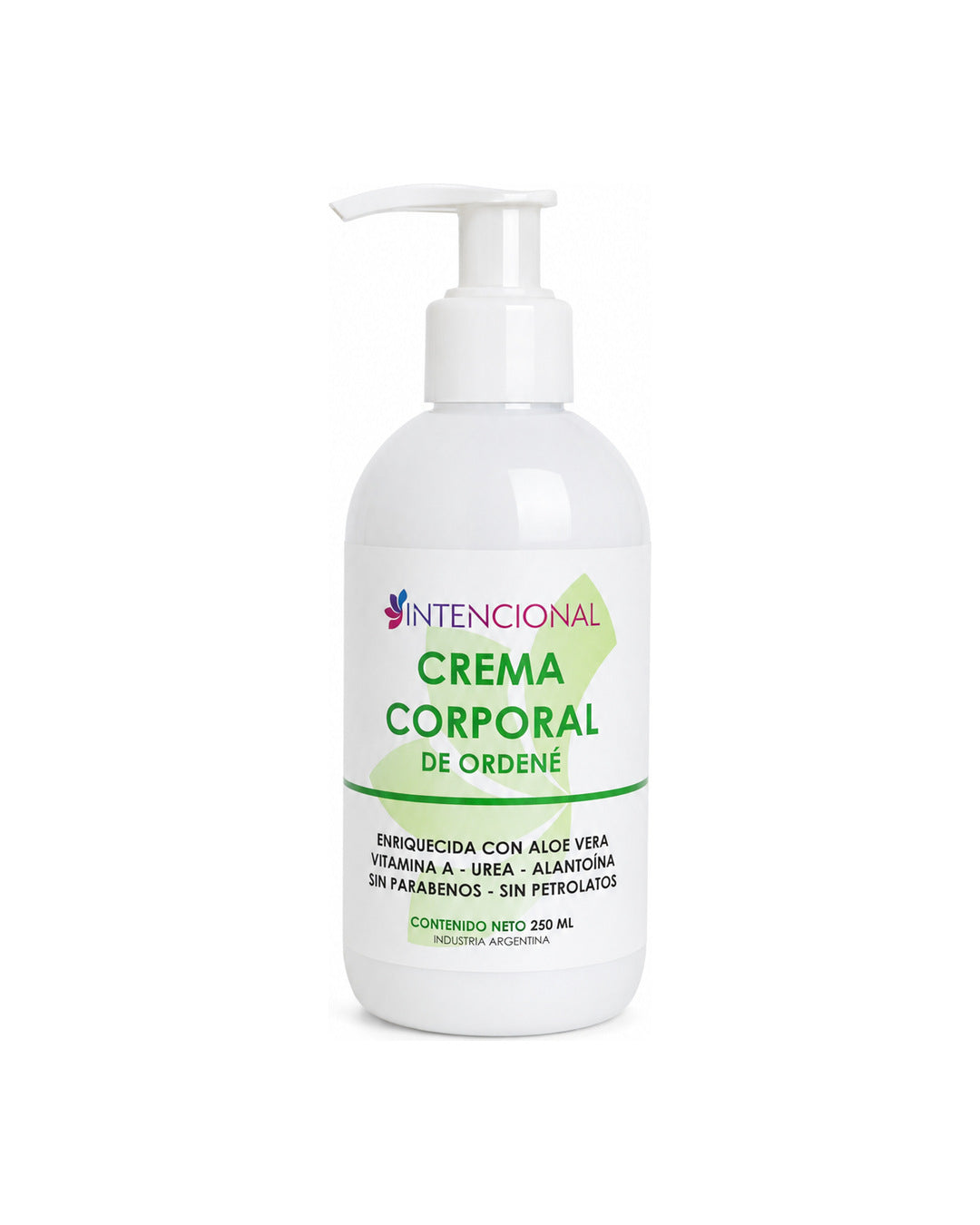 Crema corporal de ordeñe Intencional 250 ml con dosificador, sobre fondo blanco