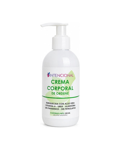 Crema corporal de ordeñe Intencional 250 ml con dosificador, sobre fondo blanco