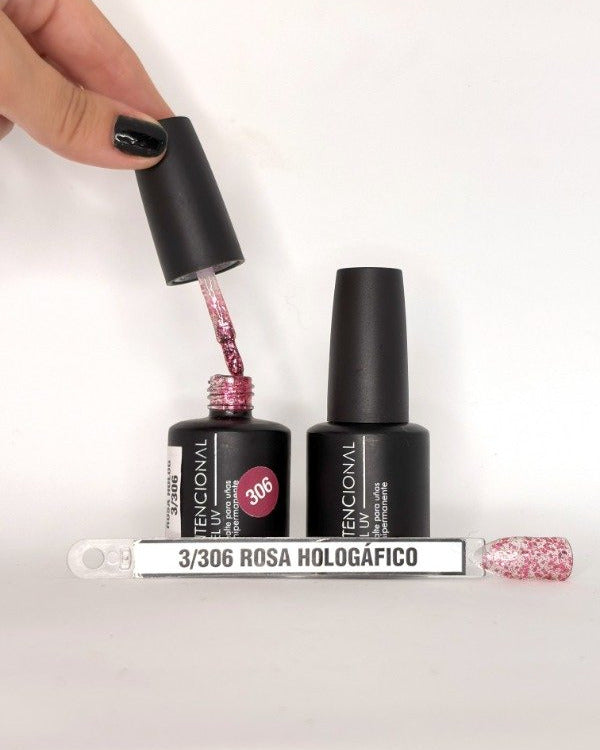 Esmalte semipermanente Gel UV Intencional, tono Rosa Holográfico 306