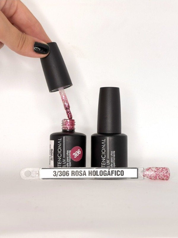 Esmalte semipermanente Gel UV Intencional, tono Rosa Holográfico 306