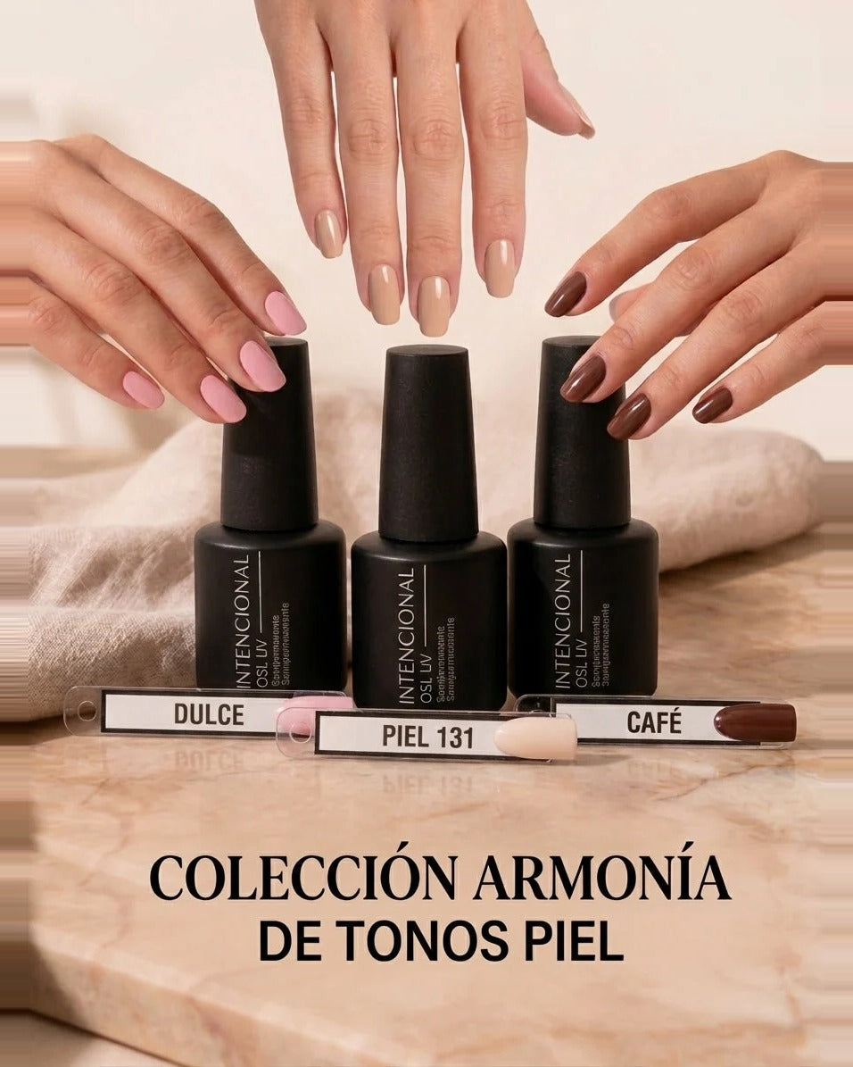 Colección Armonía de tonos piel: esmaltes semipermanentes Dulce, Piel 131 y Café
